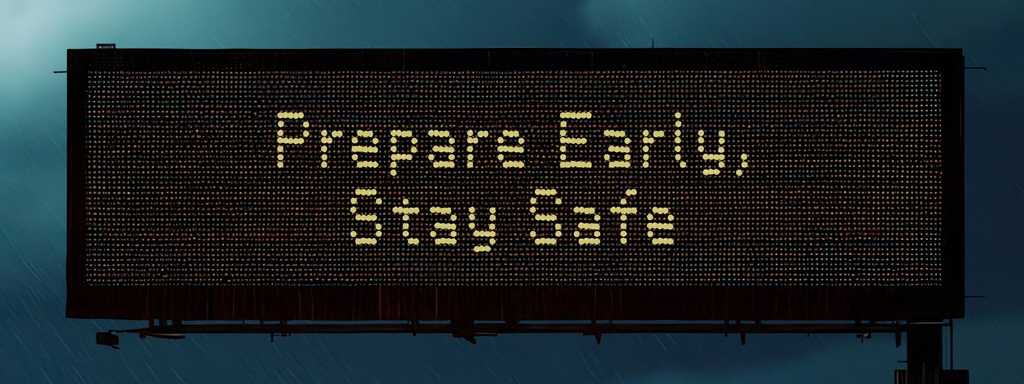 Overhead Texas digital road sign that says Prepare Early, Stay Safe