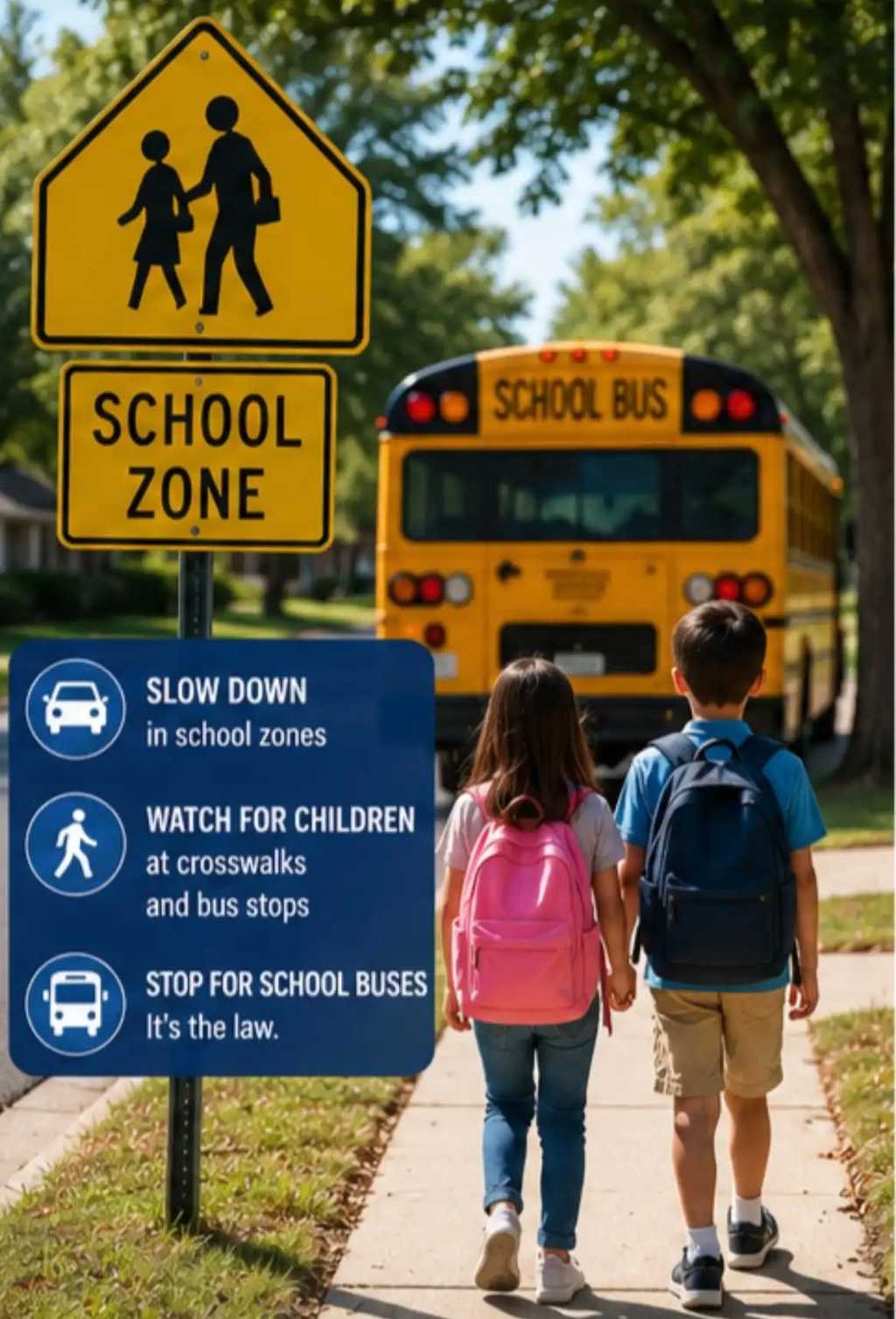 School zone safety poster showing two children with backpacks walking toward a school bus, alongside reminders to slow down, watch for children, and stop for school buses.